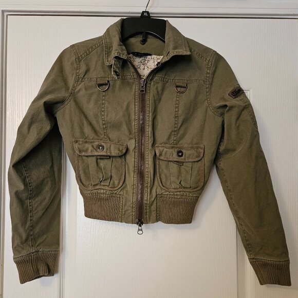Authentic Guess Jeans Stretch Jacket Army Green with Floral Liner Girls Size S/P - Picture 1 of 8